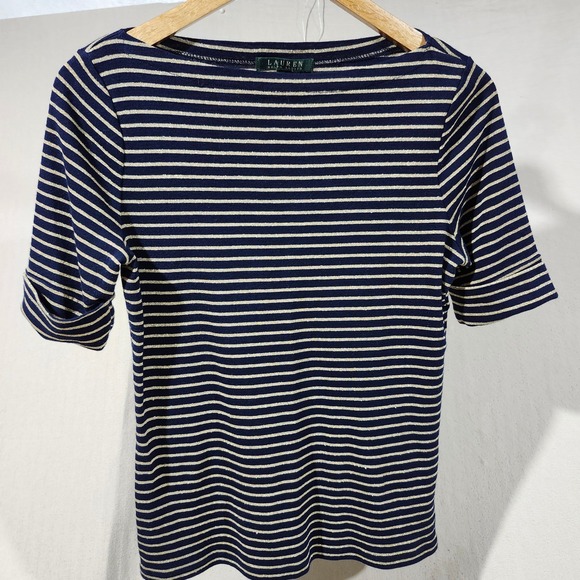 Lauren Ralph Lauren Tops - LAUREN Ralph Lauren Women's‎ M Striped Metallic Gold & Navy Boatneck TShirt Top